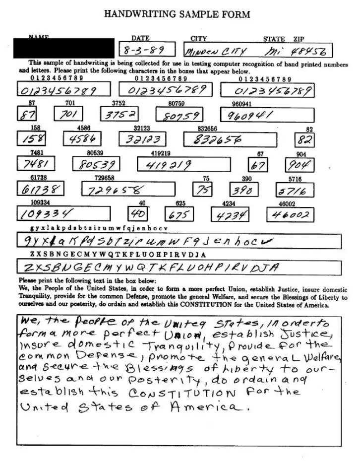 NIST handwriting sample used in the OCR failure benchmark