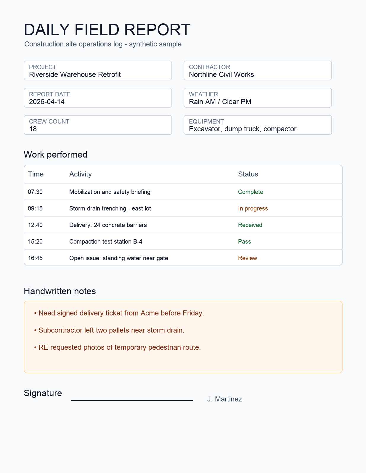 Construction field report synthetic sample