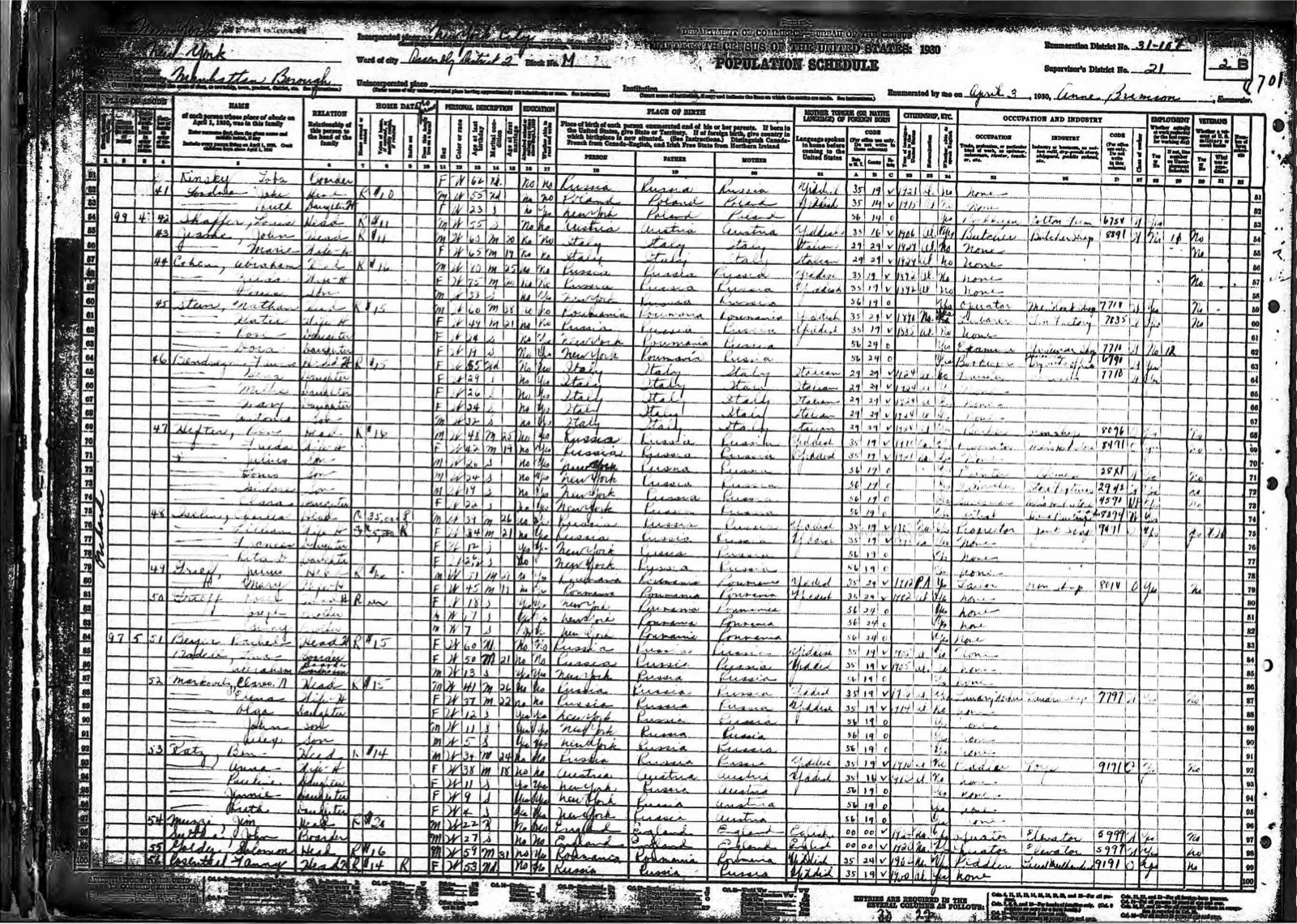 Real handwritten 1930 census table from the National Archives