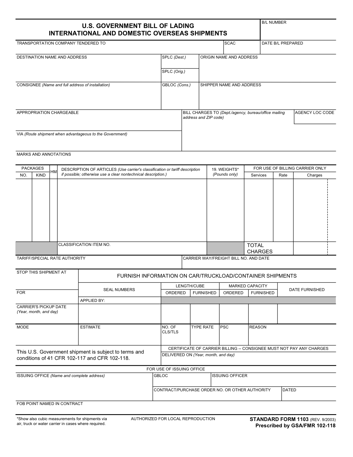 Public GSA Government Bill of Lading form preview