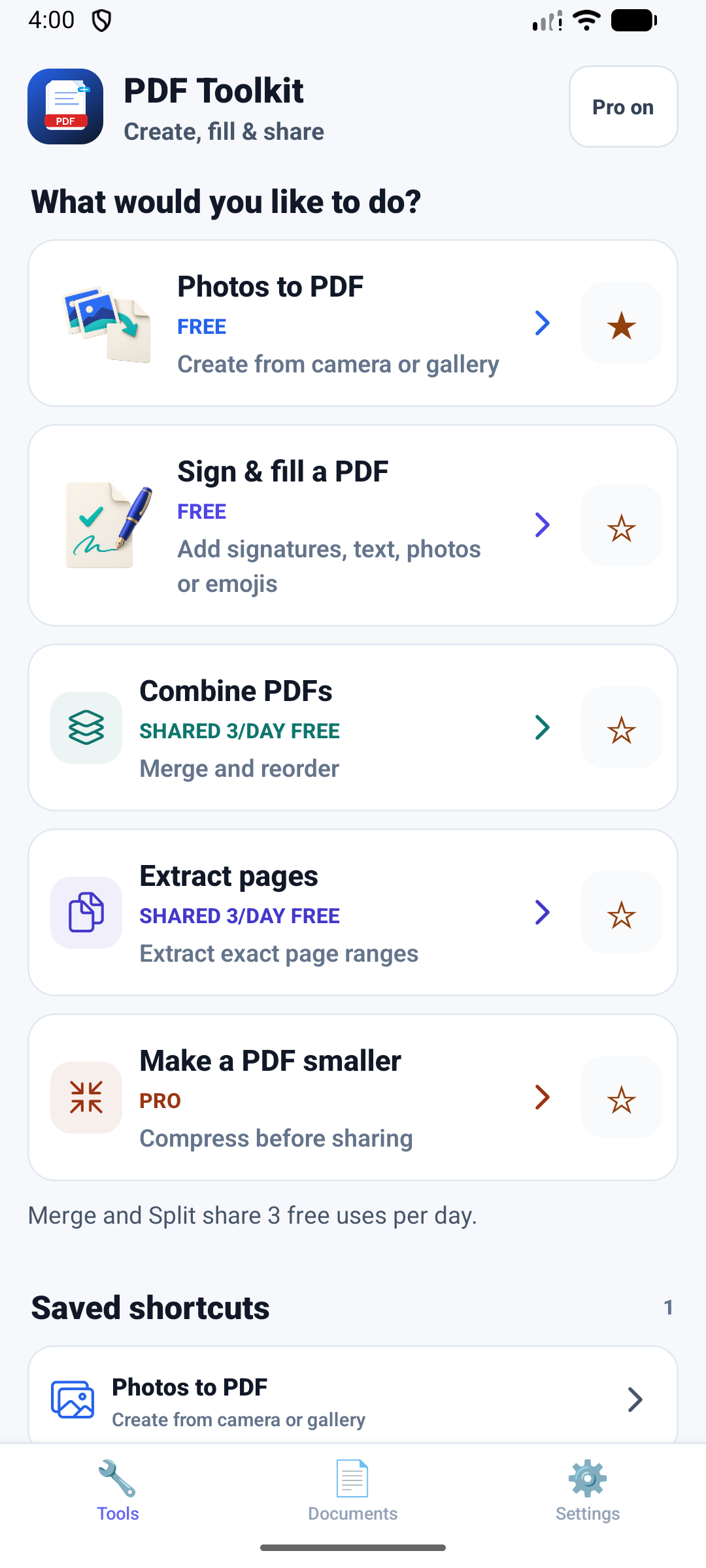 App home with Photos to PDF, Sign and fill, Merge, Split and Compress tools